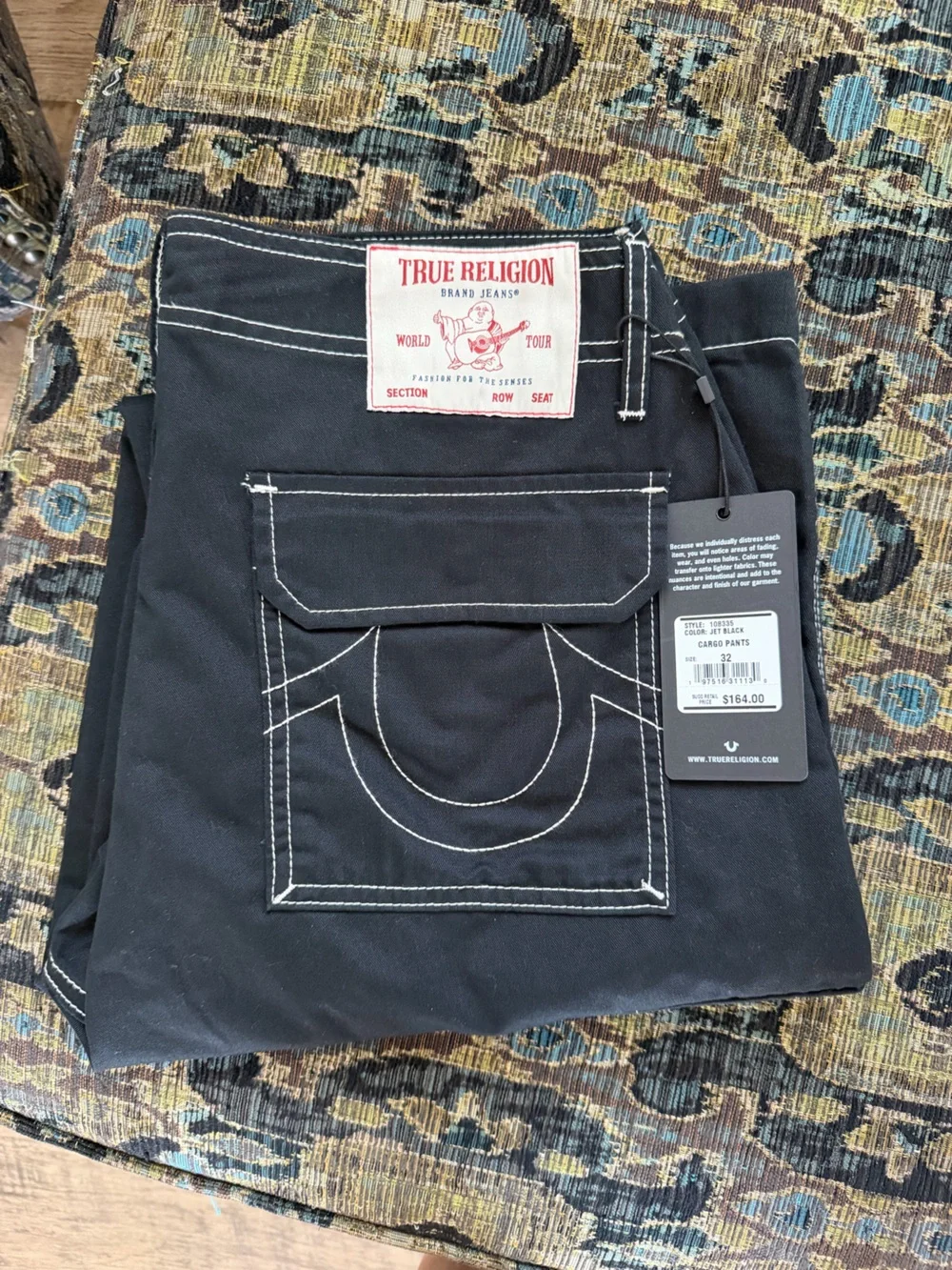 True Religion Cargo Pants Mens 32 Jet Black Horseshoe Contrast Stitch NWT